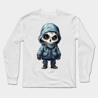 The figure of a ghoulish skull girl in a mask, wearing a cloak, perfect for Halloween, covered with snow ! Long Sleeve T-Shirt